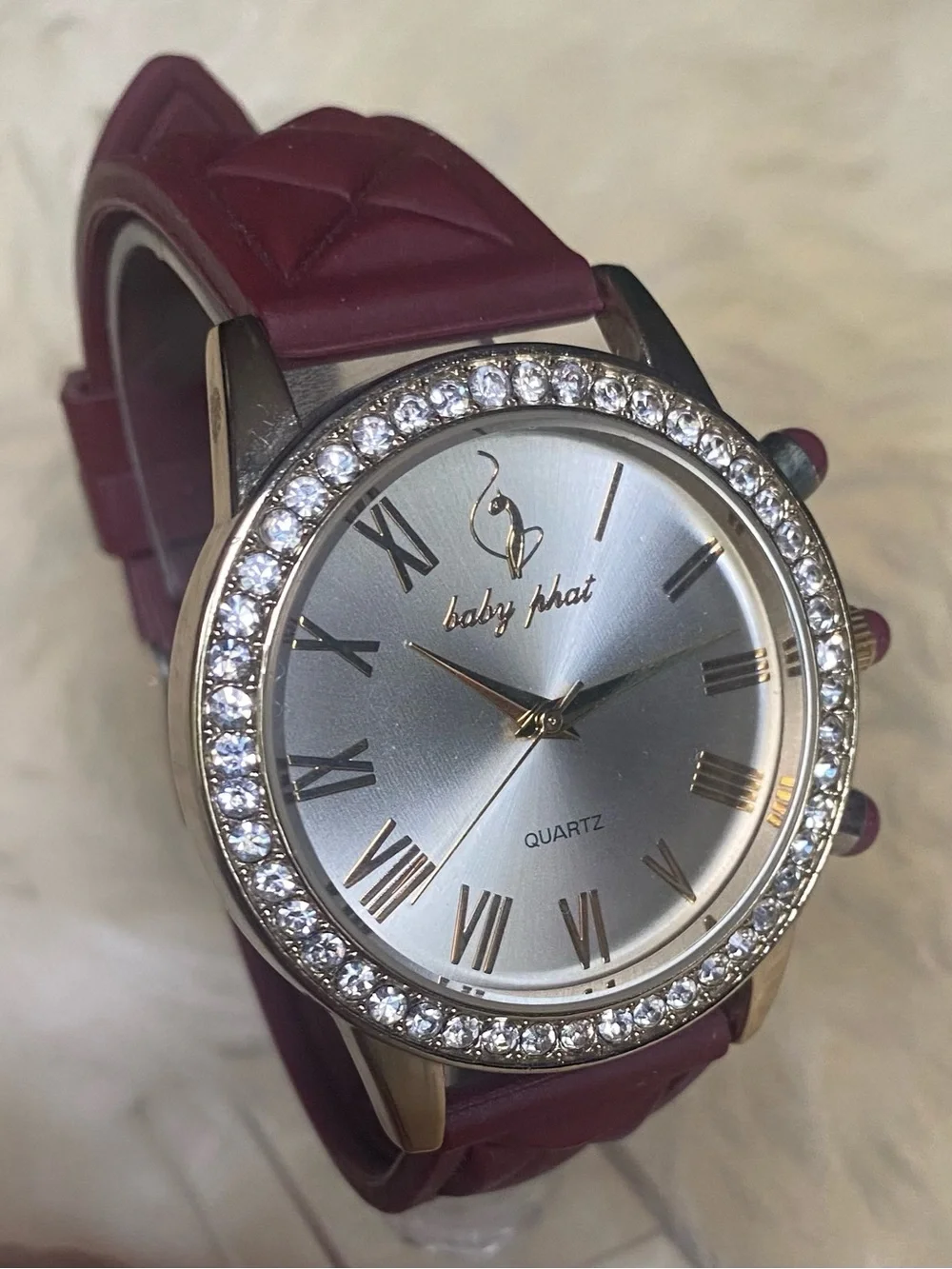 Women's Baby Phat Burgundy Crystal Bezel Quartz Watch Y2K